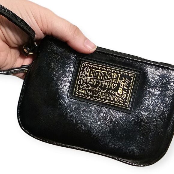 Coach Daisy Liquid Gloss Small Patent Leather Black & Gold Wristlet - Picture 11 of 11